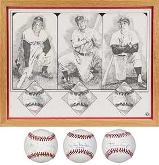 Mickey Mantle, Willie Mays & Duke Snider Multi Signed Framed Canvas With (3) Single Signed Baseballs (JSA) 